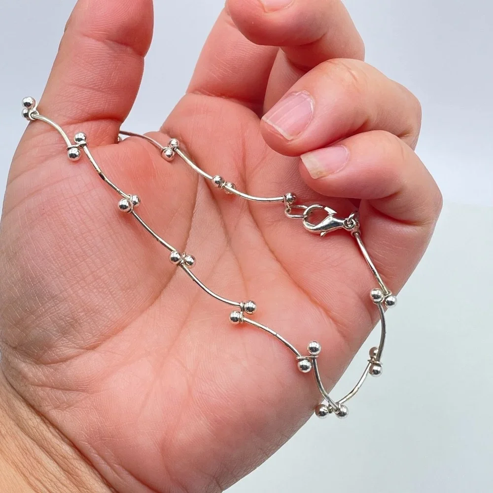 Contemporary Silver-Tone Classic Curved Dainty Bars Ball Link Lobster Bracelet